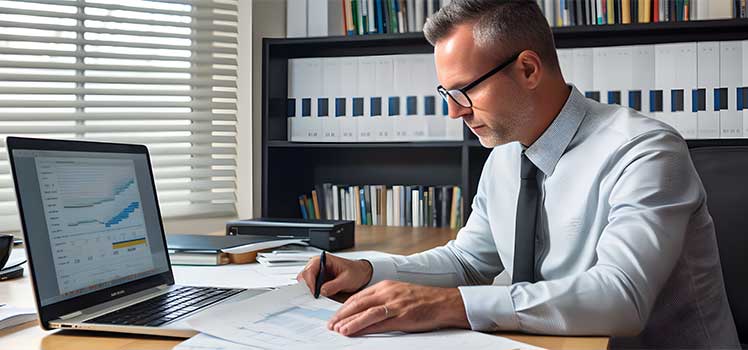 cpa reviews financial data files at desk and on laptop